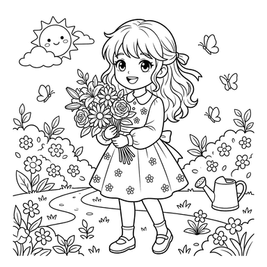 Anime Girl with Flowers Coloring Page