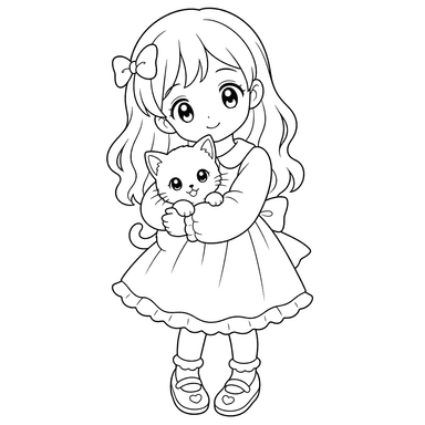 Fille style anime avec chaton — coloriage
