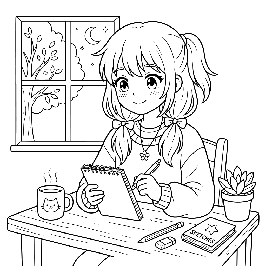 Anime-Mädchen mit Notizbuch Ausmalbild