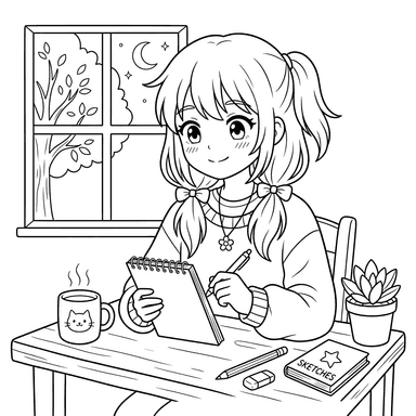 Anime Girl with Notebook Coloring Page