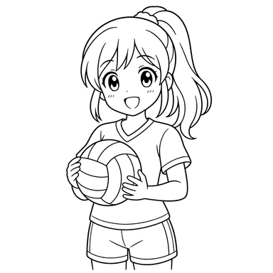 Fille anime avec ballon de volley - Coloriage