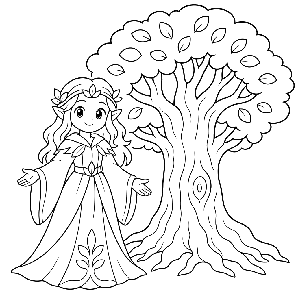 Gardien anime près d'un arbre ancien — coloriage
