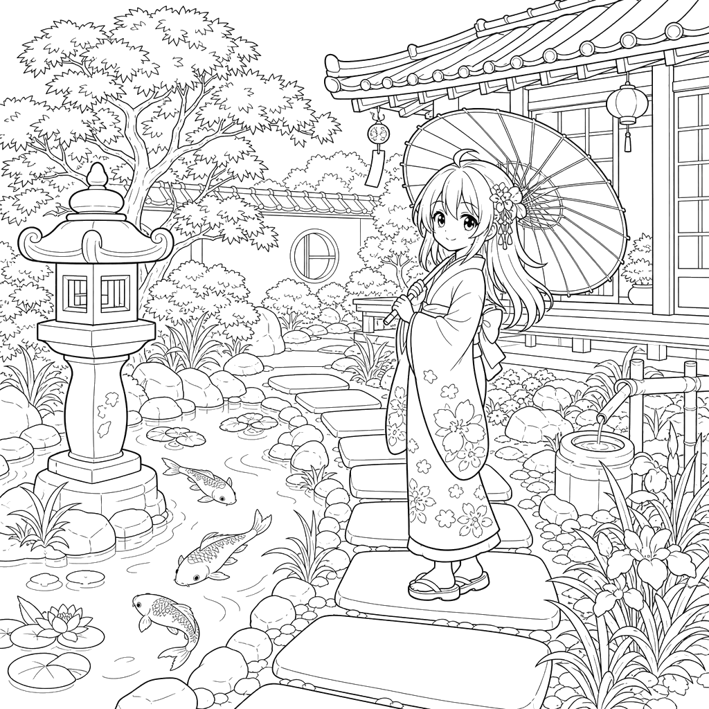 Anime Japanischer Garten Ausmalbild