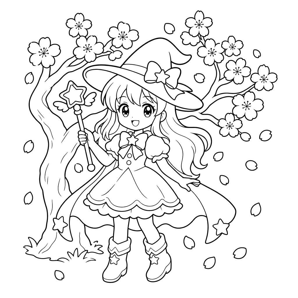 Anime-Mädchen unter Sakura — Ausmalbild