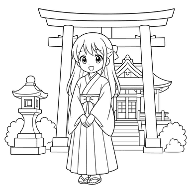 Anime-Miko am Schrein — Ausmalbild