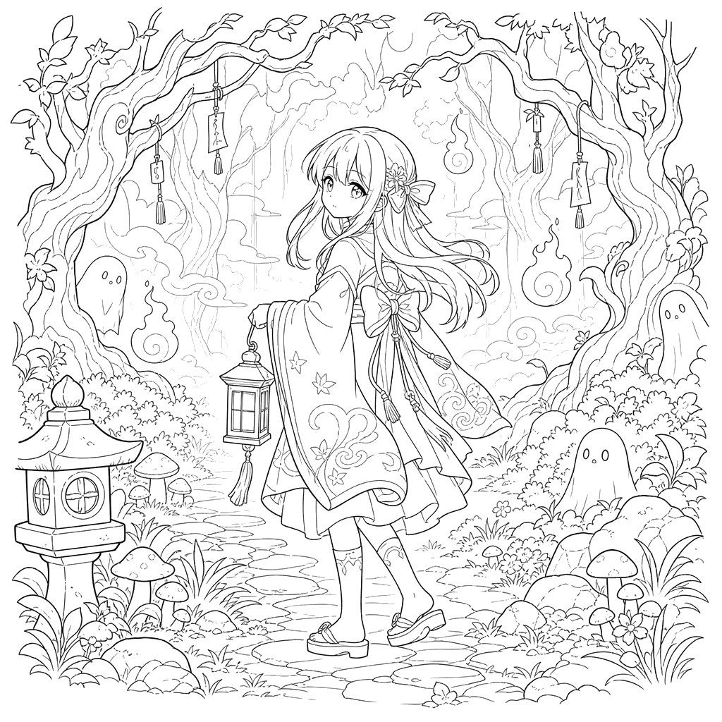 Dibujo para Colorear de Bosque Místico Anime