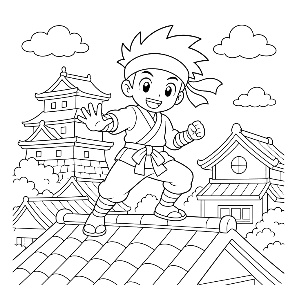 Ninja anime nos telhados — página para colorir
