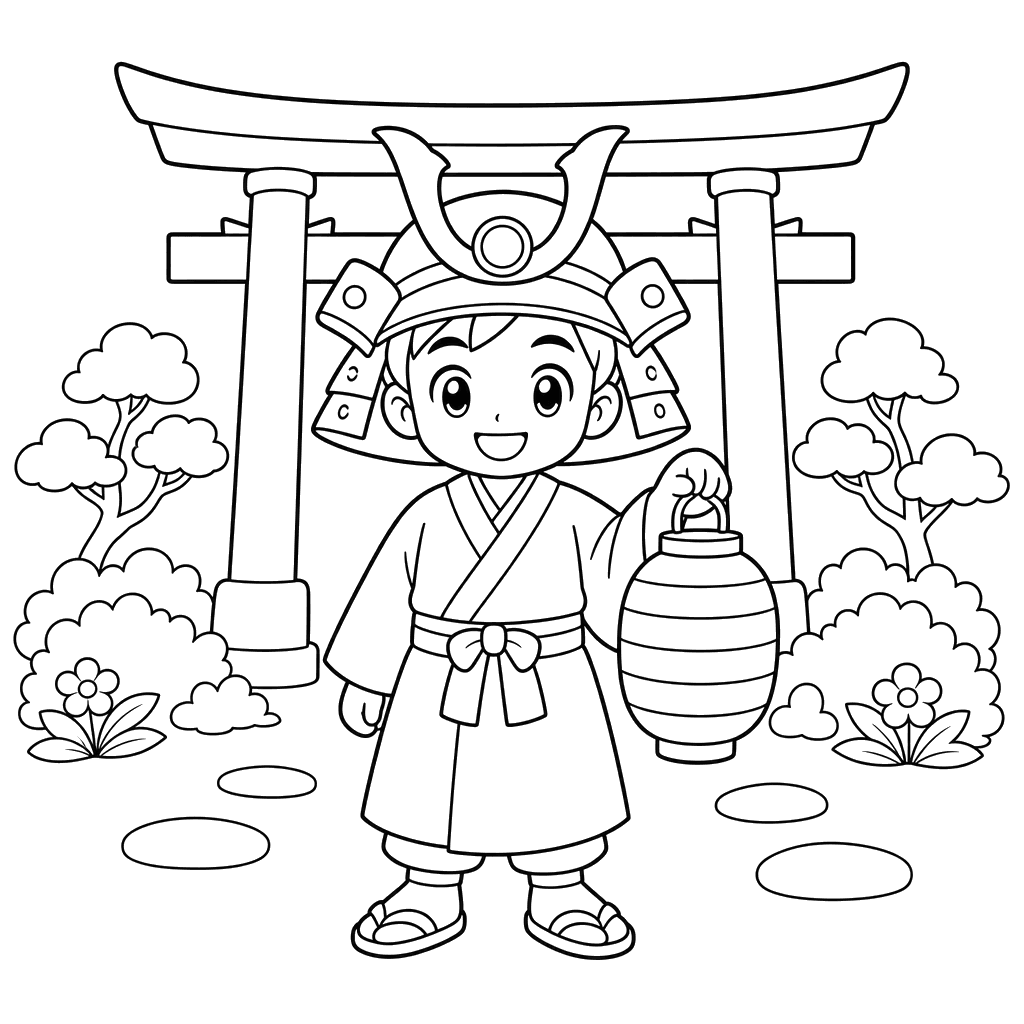 Samurai anime no portão do templo — desenho para colorir