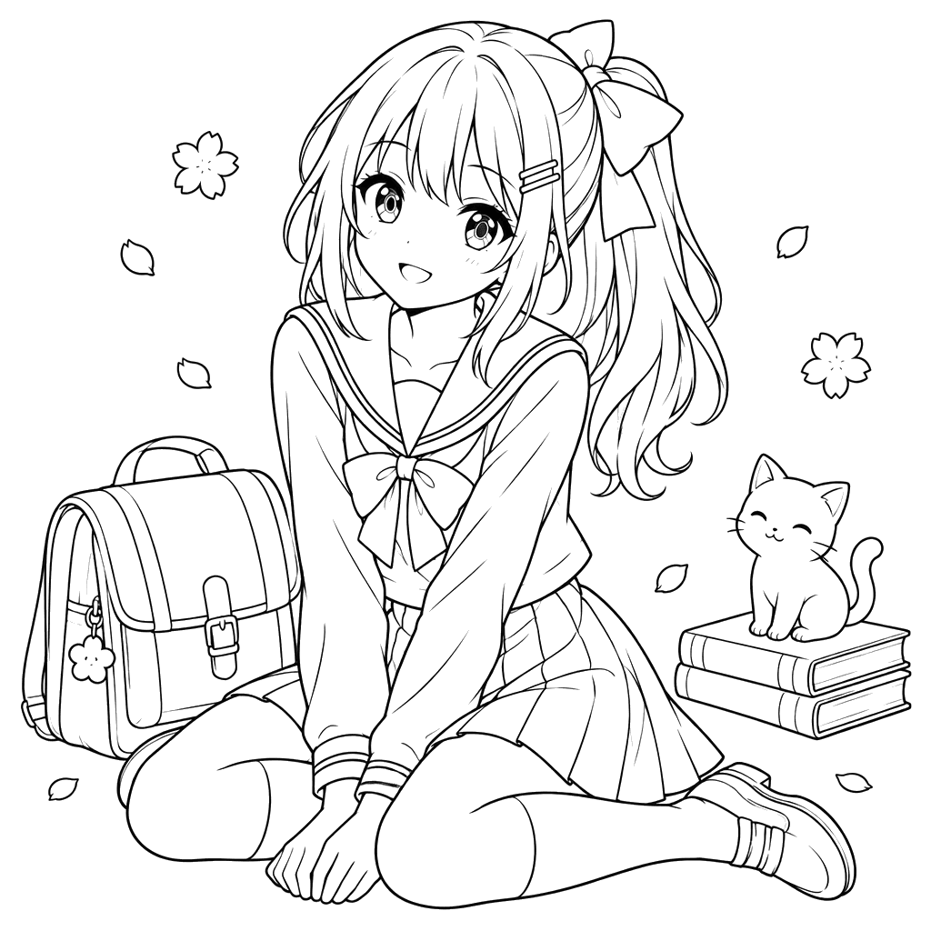 Desenho de menina anime com uniforme escolar
