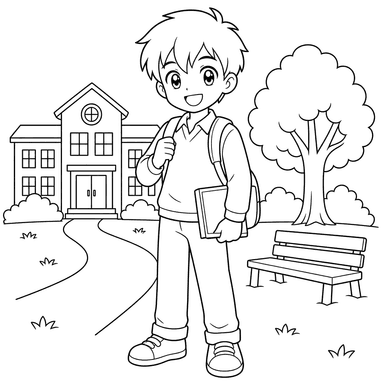 Alumno anime en el patio escolar — dibujo para colorear