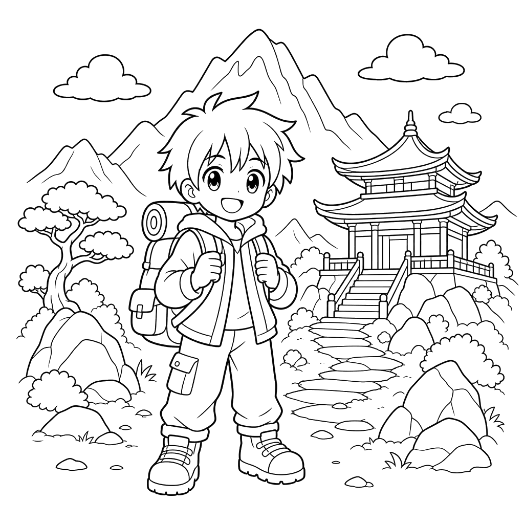 Ausmalbild: Anime-Reisender am Bergtempel