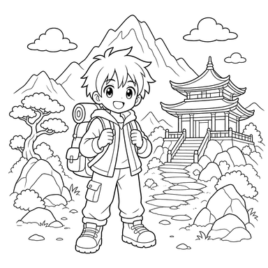 Dibujo para colorear: viajero anime en templo