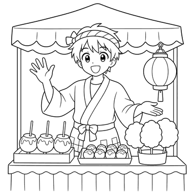 Dibujo para colorear: vendedor anime en festival callejero