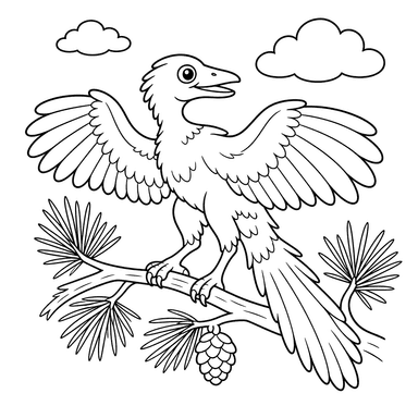 Archaeopteryx en una rama de pino — Dibujo para colorear