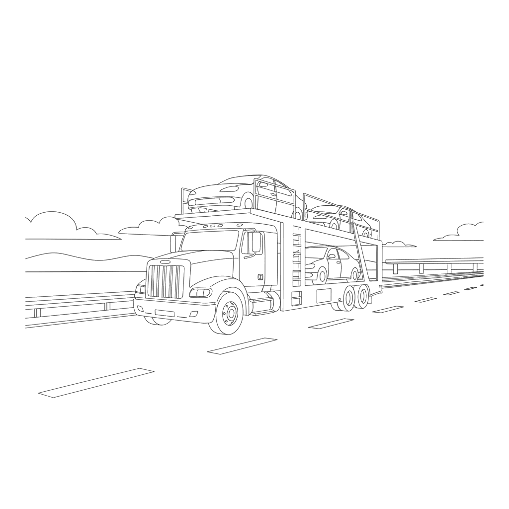Dibujo para colorear: Camión Portacoches en Autopista