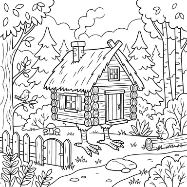 Dibujo para Colorear Cabaña de Baba Yaga en el Bosque