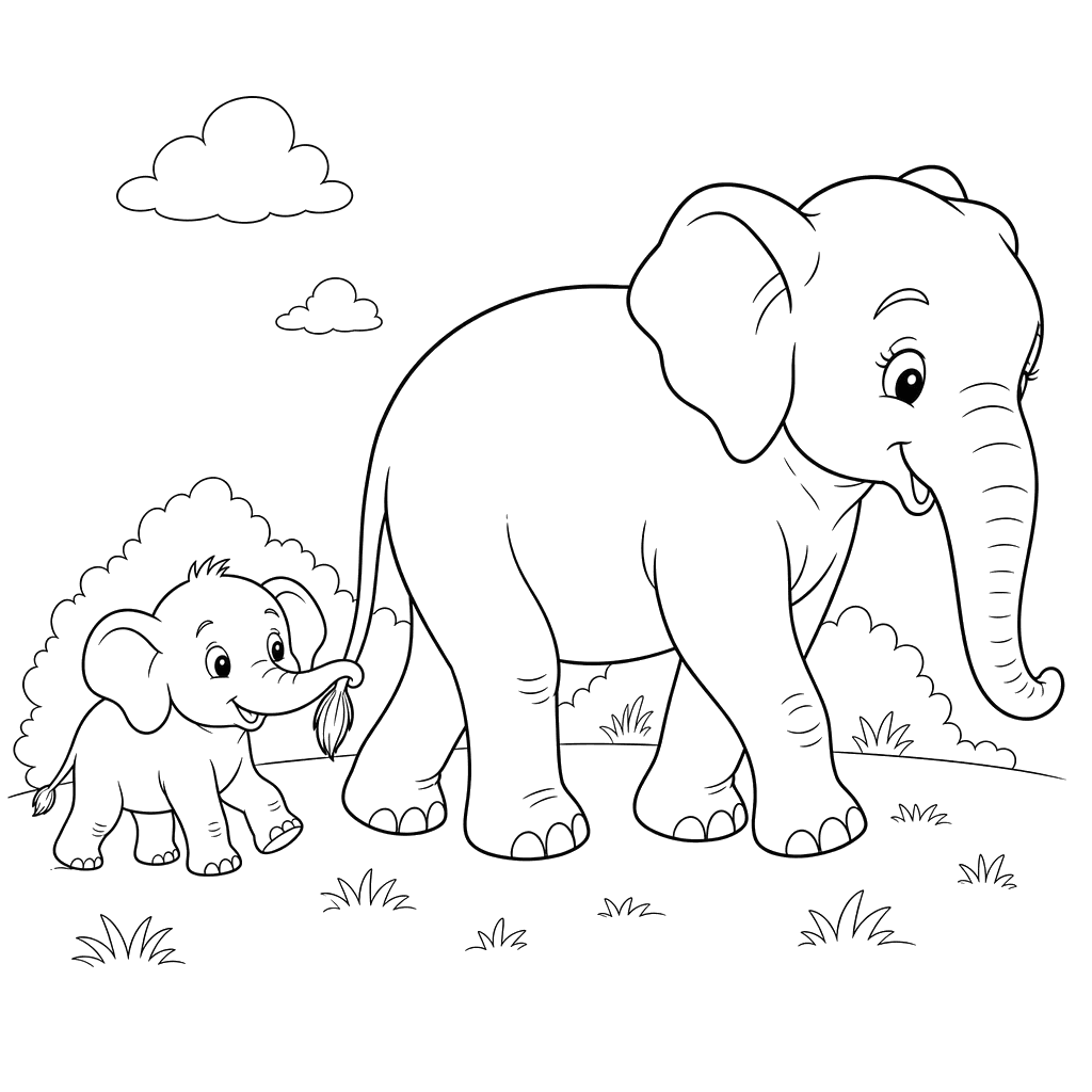 Bébé éléphant tenant la queue de sa maman