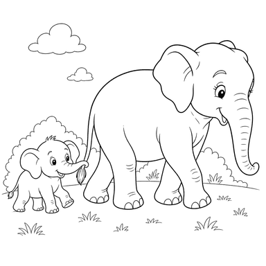 Bébé éléphant tenant la queue de sa maman