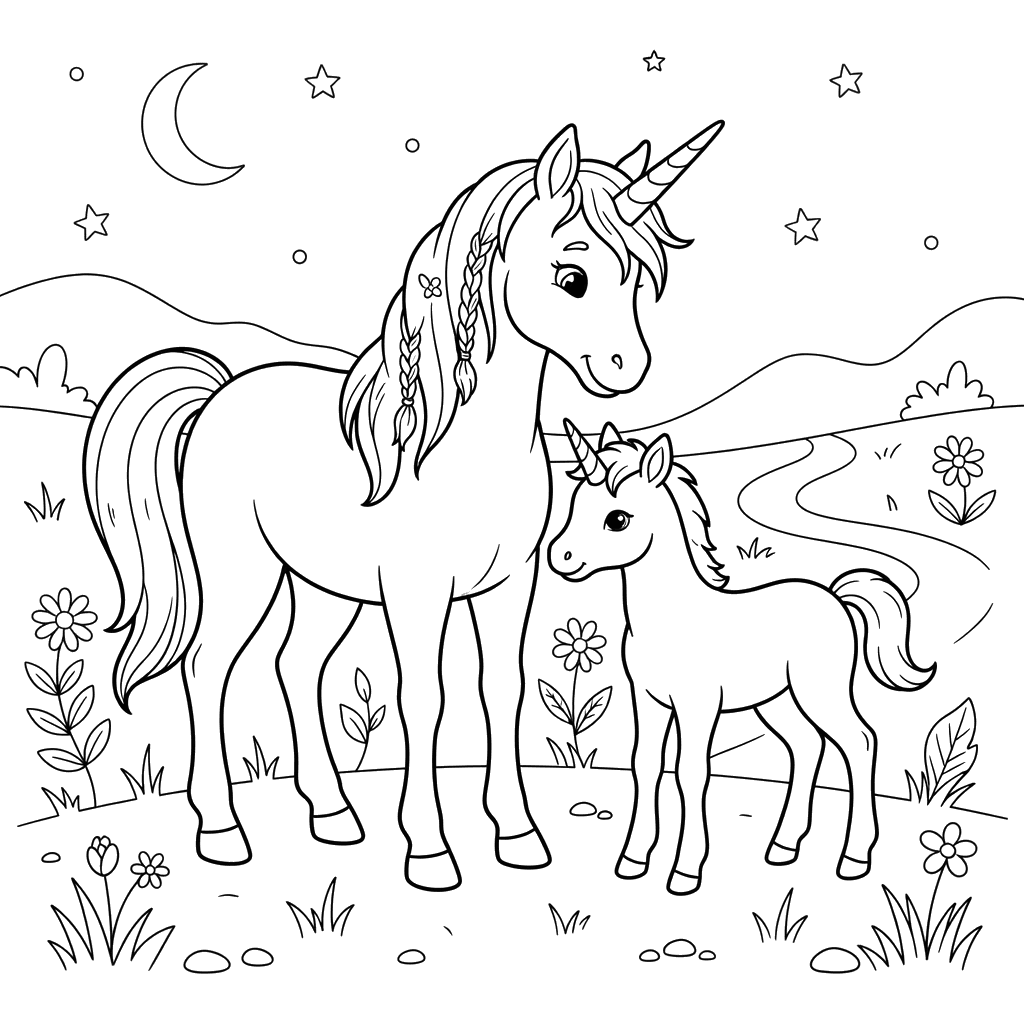 Coloriage Bébé Licorne et Maman