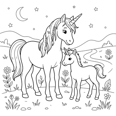 Dibujo para colorear: Bebé unicornio y mamá