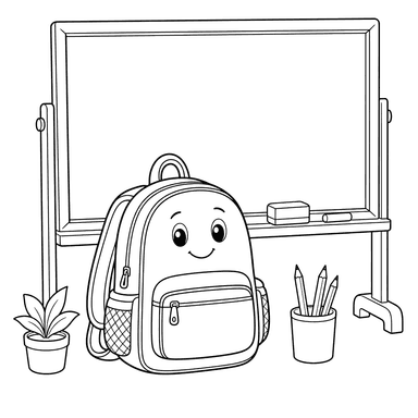 Ausmalbild: Rucksack an der Schulwand