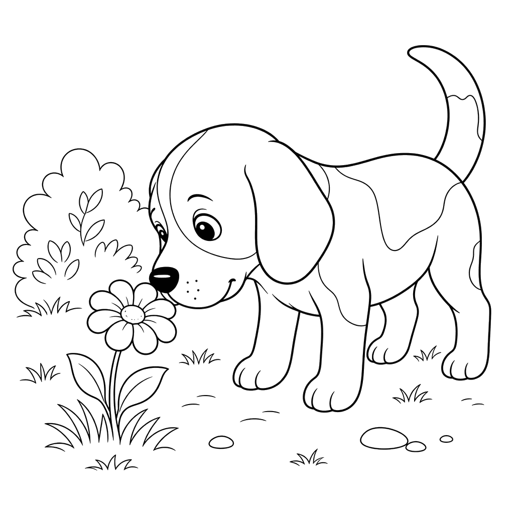 Desenho para colorir: um beagle cheira uma flor