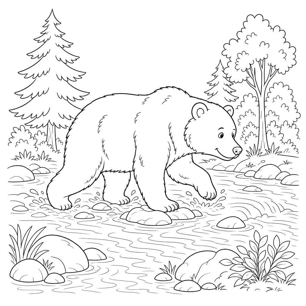 Bear Crossing a Forest Stream