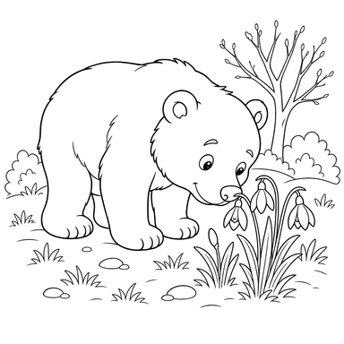Bär riecht an Frühlingsblumen