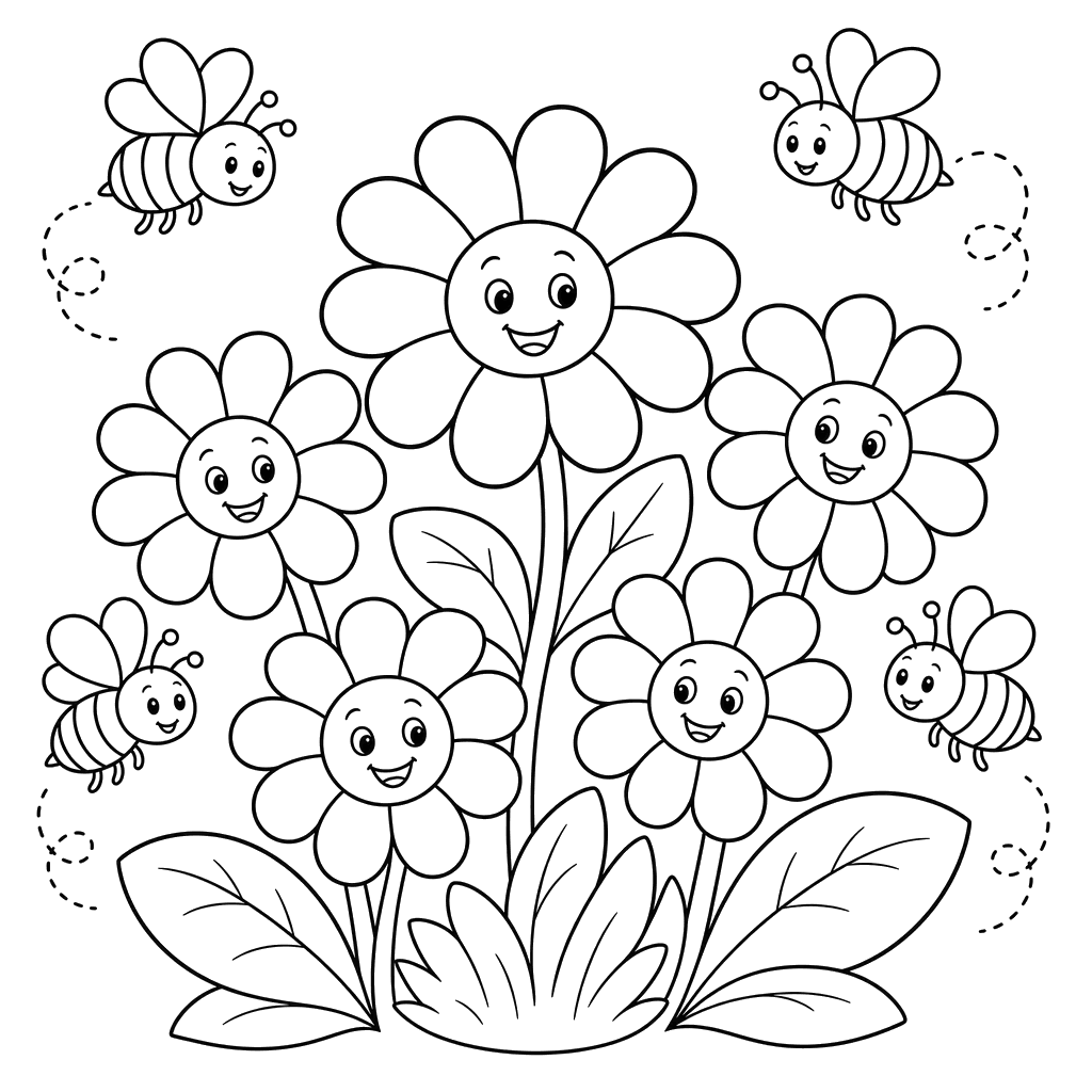 Abelhas e margaridas sorridentes para colorir