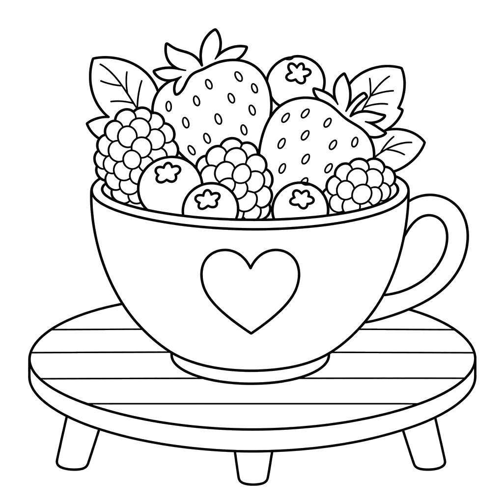 Frutas vermelhas numa chávena — desenho para colorir