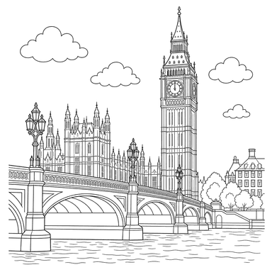 Ausmalbild Big Ben mit Brücke