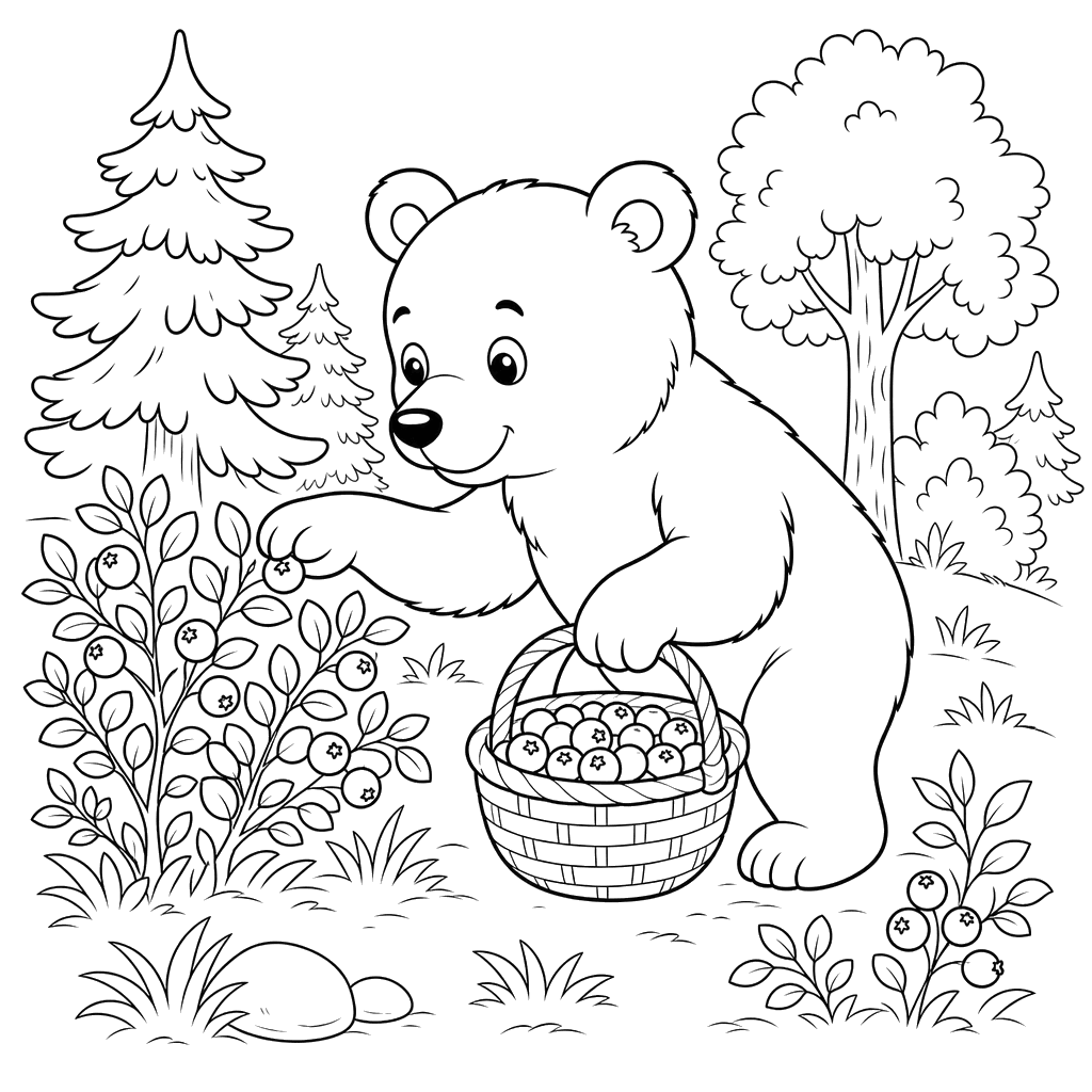 Ausmalbild Schwarzbär mit Blaubeeren