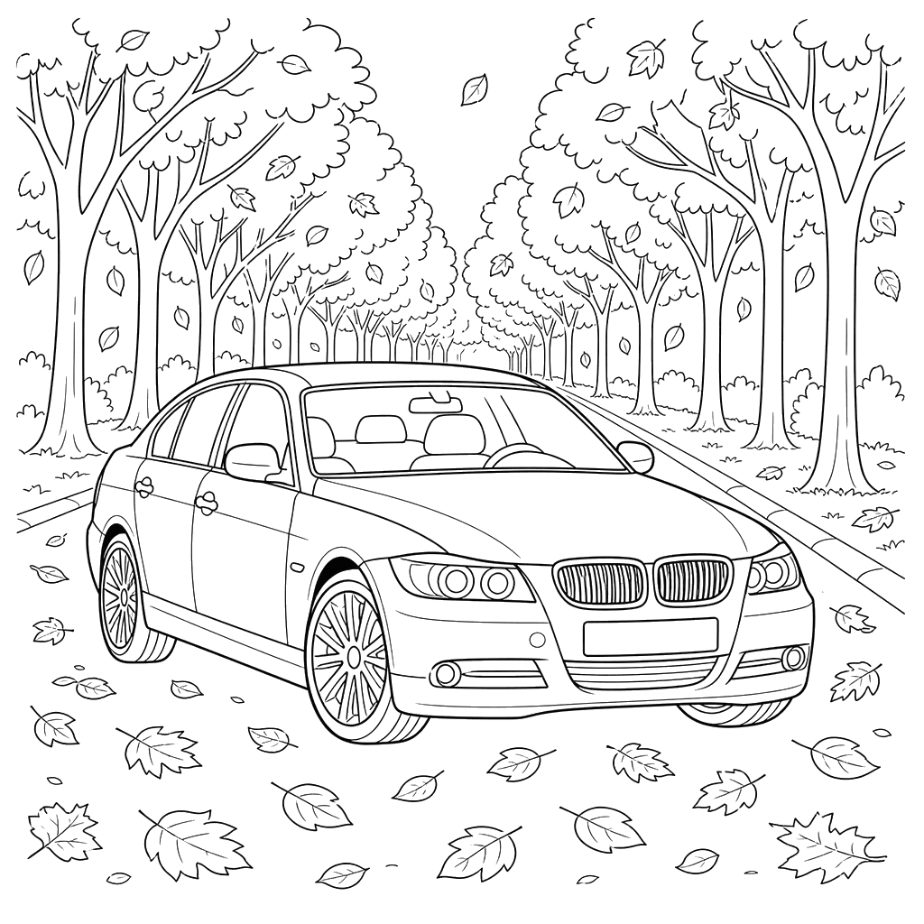 Desenho de sedan BMW no outono para colorir