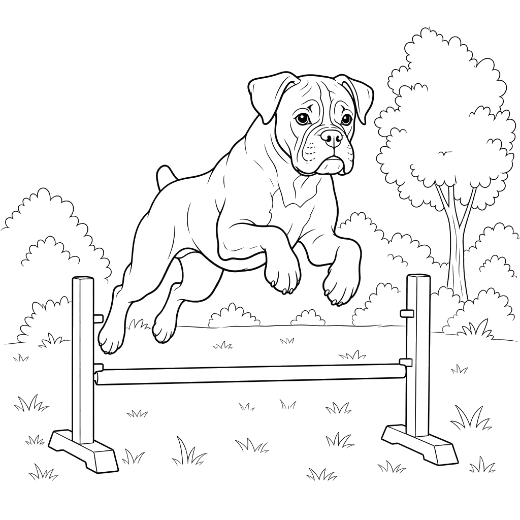 Boxerhund springt über niedrige Hürde — Ausmalbild