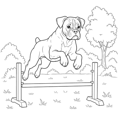 Chien Boxer sautant un petit obstacle — coloriage