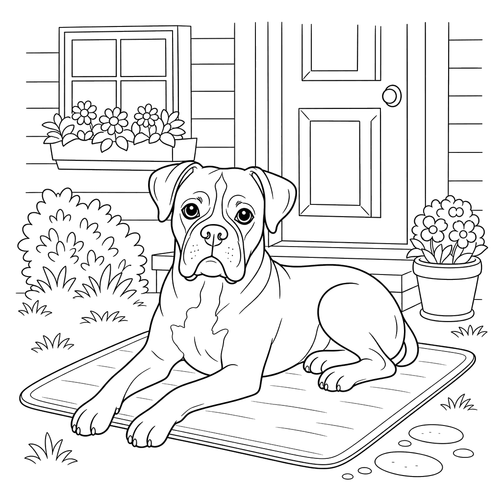 Cão boxer deitado em um tapete perto da casa — desenho para colorir