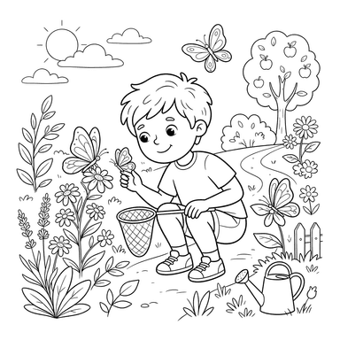 Ausmalbild Junge und Schmetterlinge im Garten