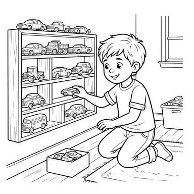 Dibujo para colorear: Niño coleccionando coches de juguete