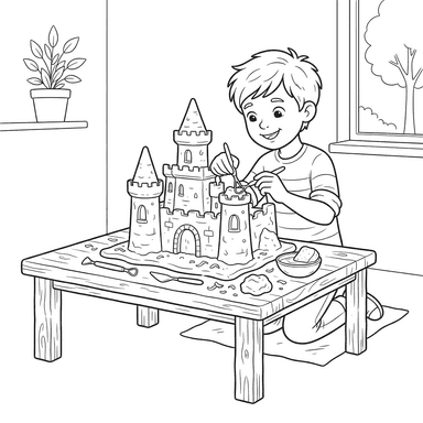 Ausmalbild: Junge formt Burg aus Ton