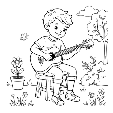 Ausmalbild Junge mit kleiner Gitarre