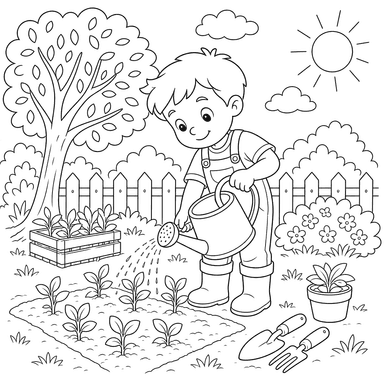Garçon arrosant des plantes
