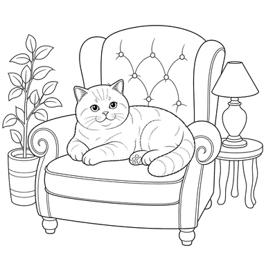 Dibujo para Colorear de Gato Británico en Sillón