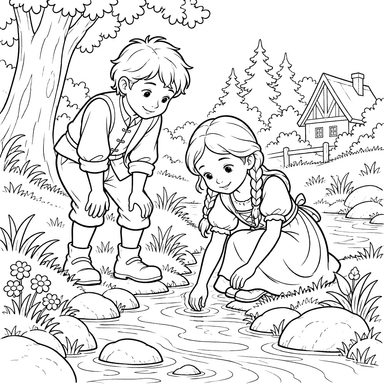 Brother and Sister by the Brook Coloring Page