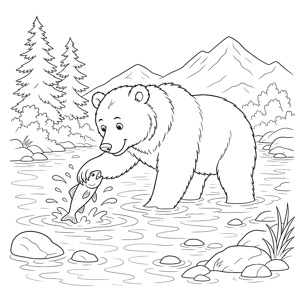 Coloriage Ours qui Pêche