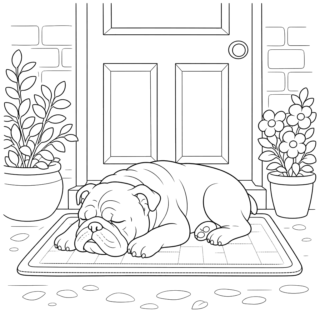 Bulldogge schläft auf der Fußmatte