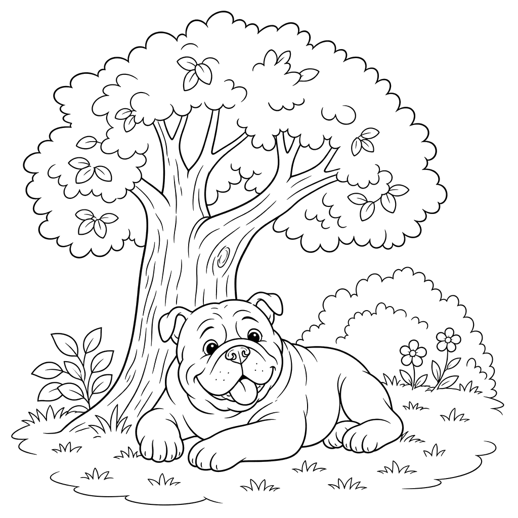 Desenho para colorir: um buldogue descansa à sombra de uma árvore