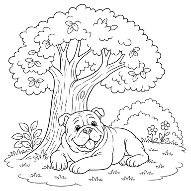 Desenho para colorir: um buldogue descansa à sombra de uma árvore