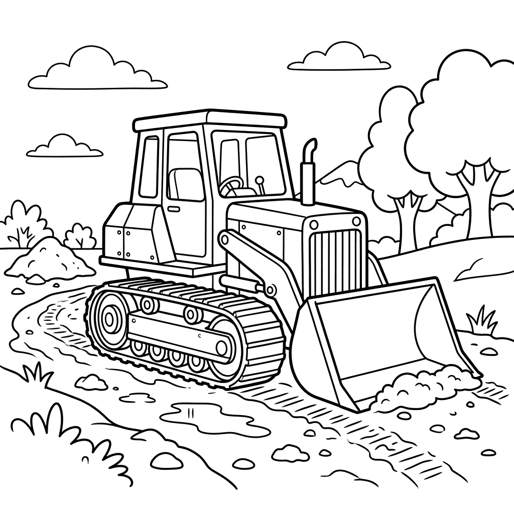 Dibujo para colorear: Bulldozer en camino de barro