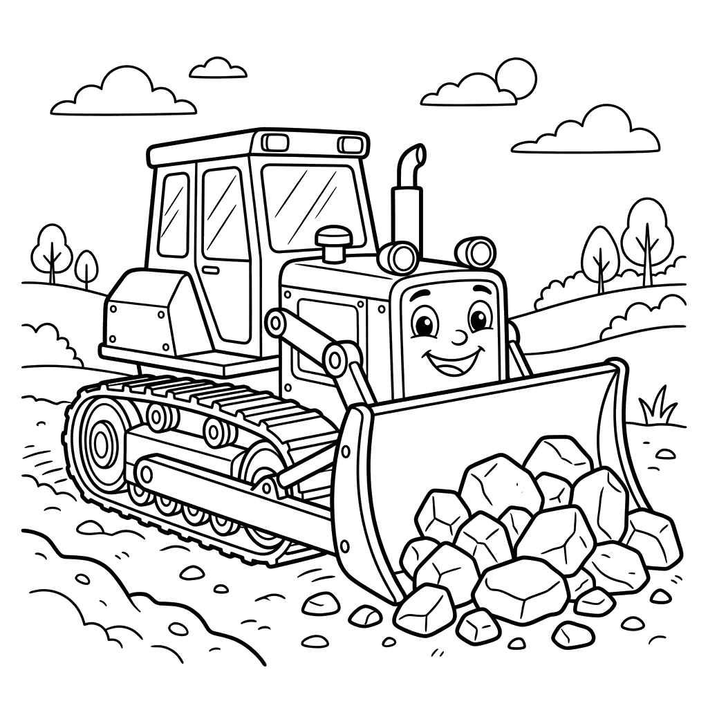 Dibujo para Colorear de Bulldozer Empujando Rocas
