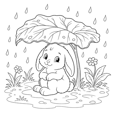 Lapin se cachant de la pluie sous une feuille